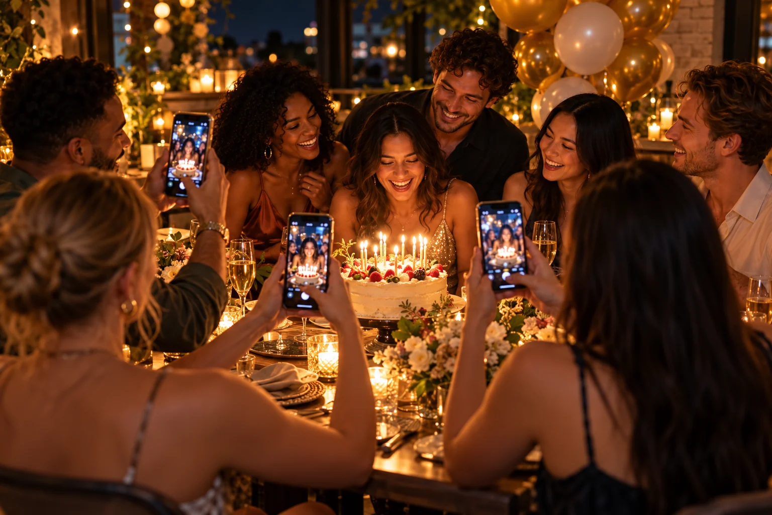 Des invités utilisent leur téléphone pour partager des souvenirs — Anniversaire