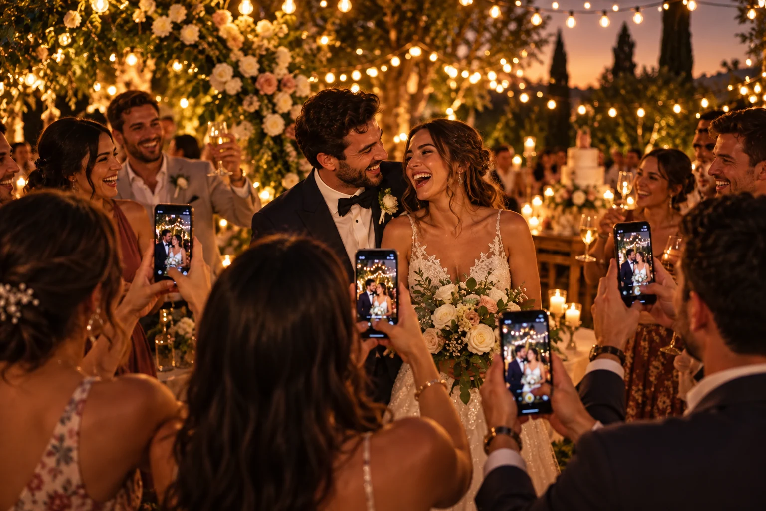 Des invités utilisent leur téléphone pour partager des souvenirs — Mariage
