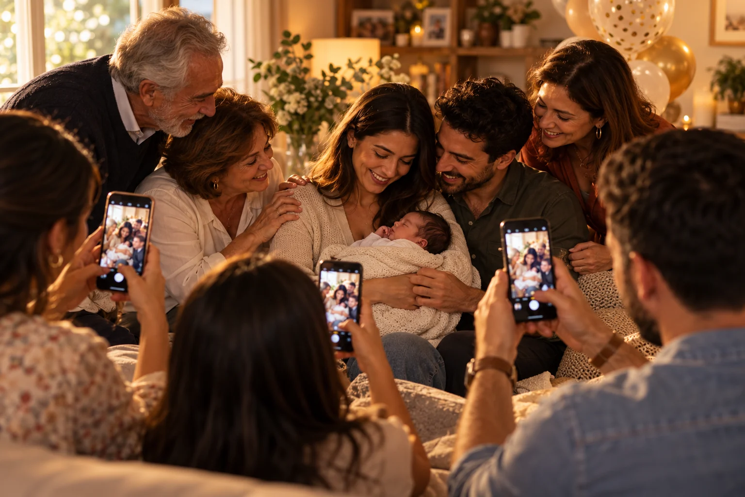 Des invités utilisent leur téléphone pour partager des souvenirs — Naissance