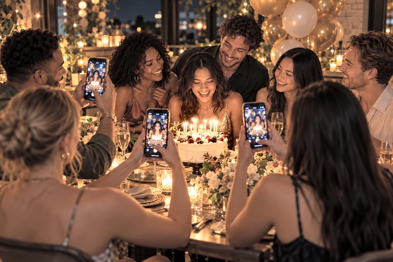 Des invités utilisent leur téléphone pour partager des souvenirs — Anniversaire
