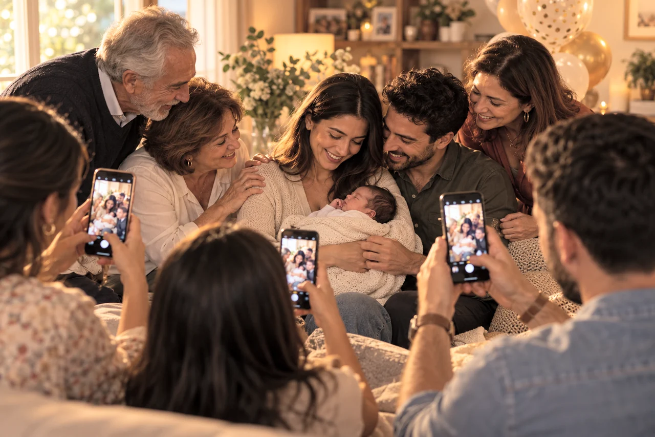 Des invités utilisent leur téléphone pour partager des souvenirs — Naissance